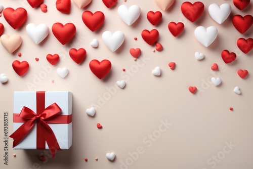 A top-down view of a white gift box with a red ribbon amidst an array of white and red hearts scattered across a light background, suggesting celebration and giving © Creative Clicks