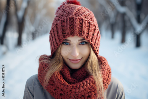 A woman with a gentle smile is wrapped in a warm, chunky red scarf and hat, her blue eyes striking against the snowy winter backdrop.