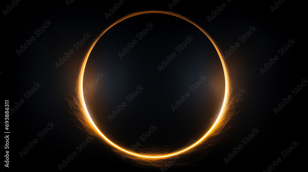 Eclipse solaire, halo de lumière et fond noir. Espace, univers, astronomie. Pour conception et création graphique. - obrazy, fototapety, plakaty 
