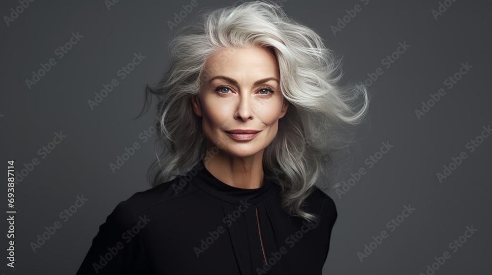 Beautiful aged woman with gray hair on a gray background.