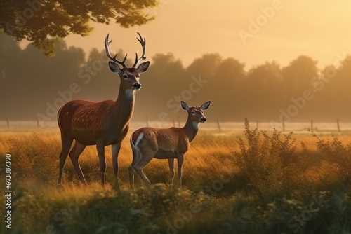 deer with antlers and small bambi fawn at sunset in meadow near forest. AI generated. © Serhii