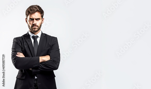 Young male confident businessman, white background isolate. Successful professional in suit, tie, entrepreneur.