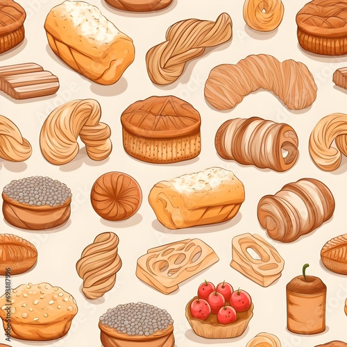 Seamless pattern of cute cartoon bakery ,bread, cake and croissant