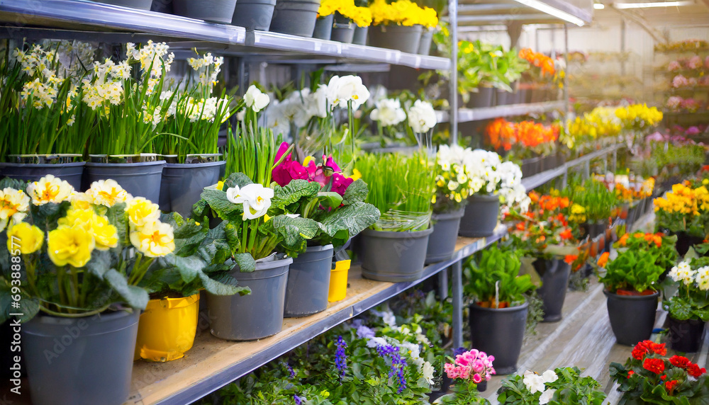 flowers in the hardware store in the spring - obrazy, fototapety, plakaty 