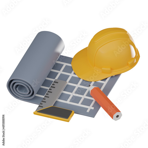 Blueprint Mastery of Construction Tools for Design and Safety. 3D Render