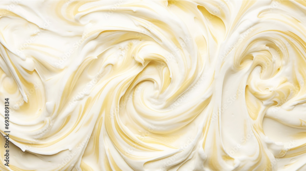 Close-up of vanilla ice cream texture. Top view of frozen white-yellow gelato surface. Food background. Generative AI Close-up of vanilla ice cream texture. Top view of frozen white-yellow gelato surface. Food background. Generative AI