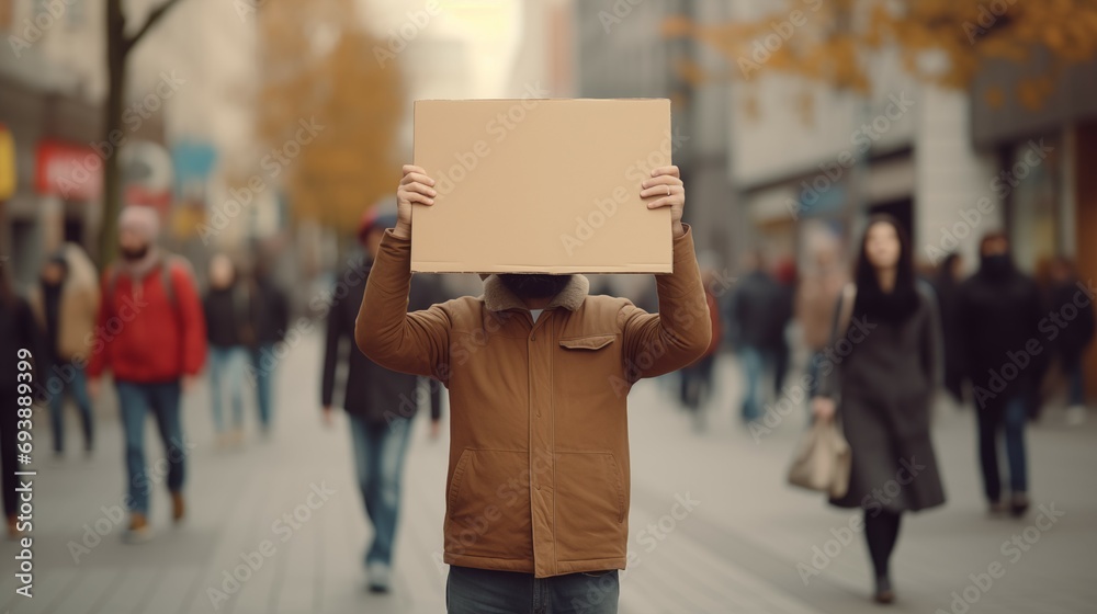 A protester with a cardboard on the street. A protester with a cardboard on the street.