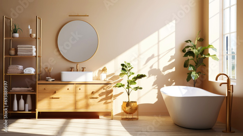 Bath room interior design. Cozy empty modern bathroom background with white bathtub and panoramic windows. Generative AI