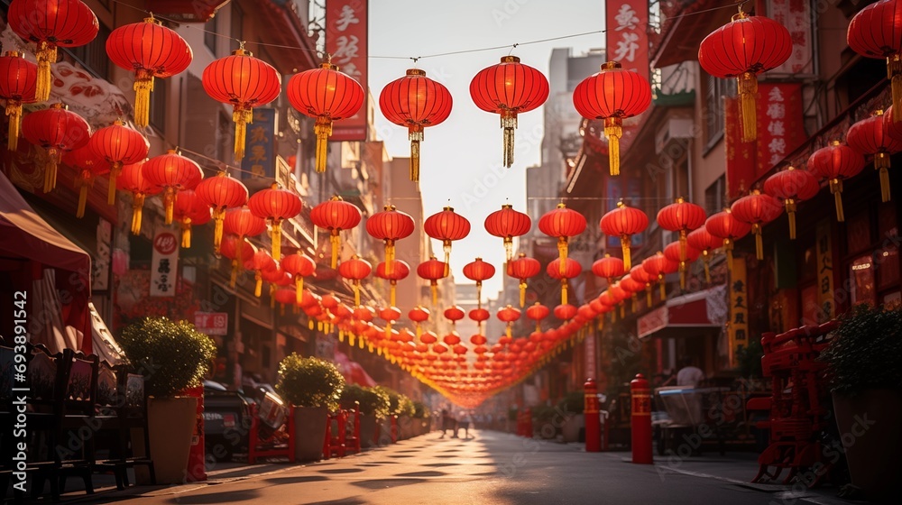 Naklejka premium Chinese new year lanterns in traditional street of china town
