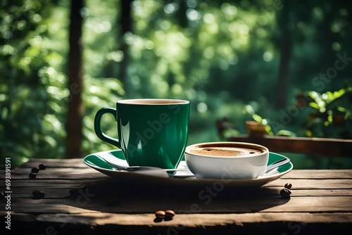 coffee in the cup on old wood table with blur dark green nature background - vintage style