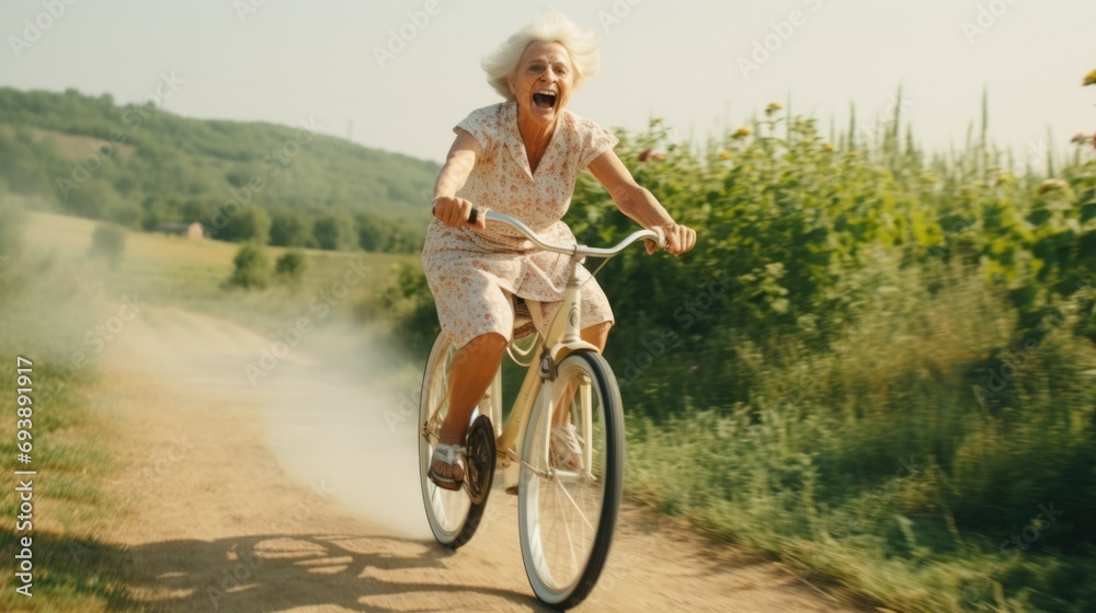 Crazy old lady ride bike. Happy elderly woman enjoy active lifestyle. Female biker cycling outdoor. Silly positive pensioner have fun nature park. Funny grandmother Health care concept. Fun retirement