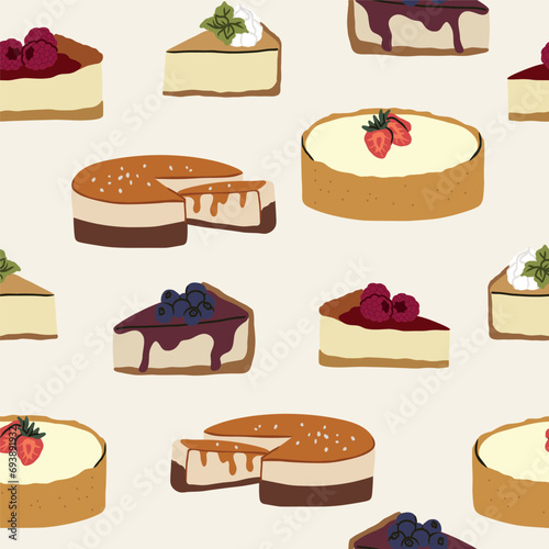 Flat vector doodle cheesecakes seamless pattern