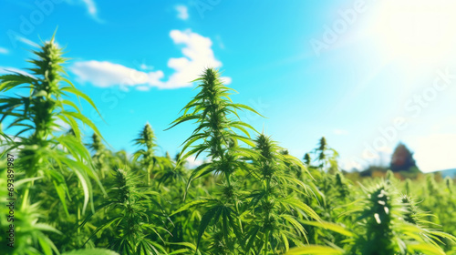 Close up of cannabis sativa plant on a field  sunny day. Industrial medical marijuana concept. Generative AI