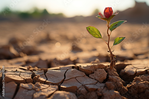 A wilting plant in dry soil, illustrating the difficulties of drought and the impact on agriculture. Concept of environmental challenges and water scarcity. Generative Ai. photo