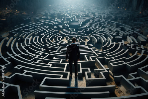 A person standing in front of a maze, symbolizing the complexity and confusion associated with decision-making. Concept of navigating through life's challenges. Generative Ai.