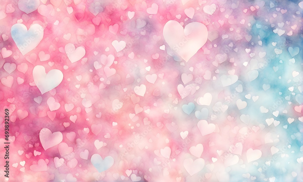 Watercolour hearts background, vibrant and romantic