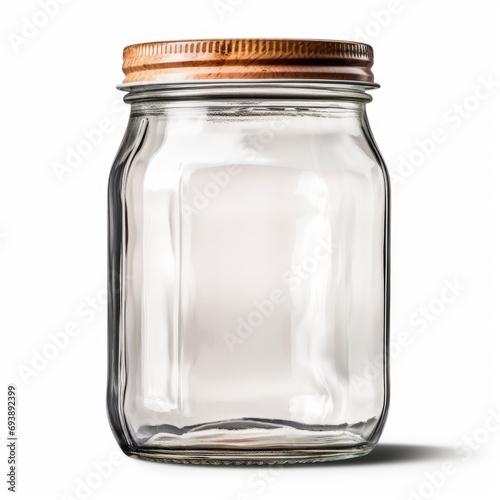 Classic Empty Glass Jar with Natural Wooden Lid Isolated on White Background