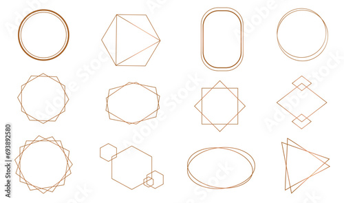 Golden geometric frames. Geometric polyhedron , Set Thin Line Frames, art deco style.