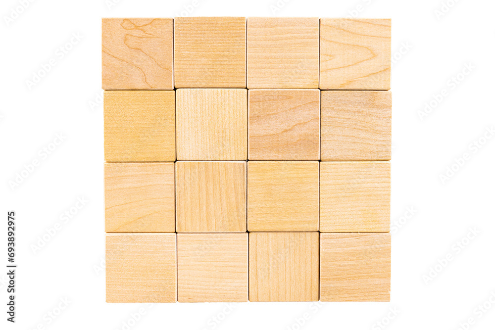 Wall, empty background of sixteen wooden cubes. Transparent background. PNG. copy space.