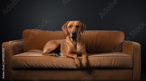 A dog sitting on top of a tan couch