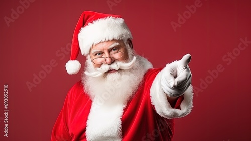 Santa Claus pointing on blank advertisement banner background with copy space