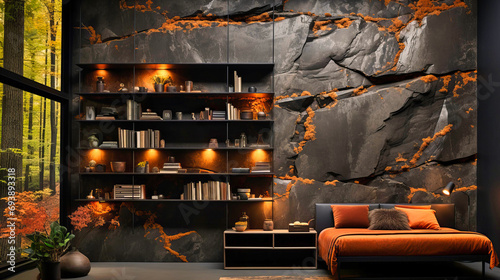Dramatic Home Library with Rustic Stone Wall, Warm Lighting, and Rich Autumnal Tones