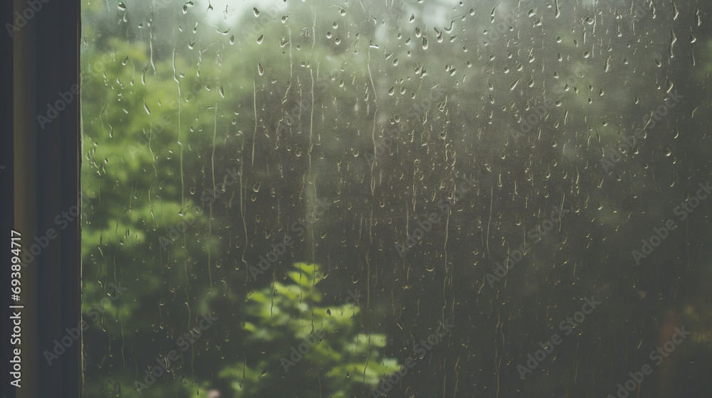 Rain drop on wet window glass with forest blur tree background, rainy landscape blurred
