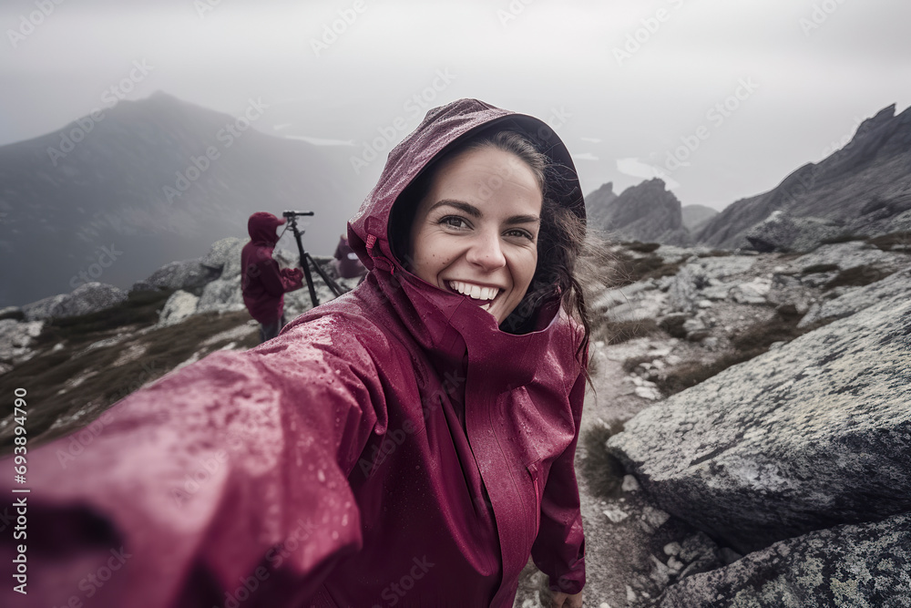 a young woman in a pink raincoat taking a selfie on a rocky mountain, with another person in the background