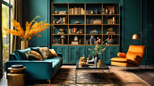 Luxurious Home Interior with Elegant Velvet Sofa, Modern Decor, and Rich Teal and Gold Accents