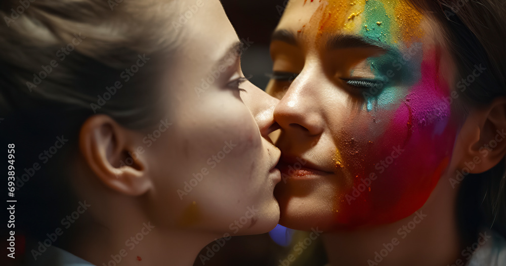Obraz premium young lesbian couple kissing, one of them with the rainbow flag painted on her face, ai generative