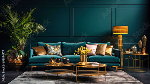 Opulent Living Room Design with Teal Velvet Couch, Gold Accents, and Lush Indoor Plants