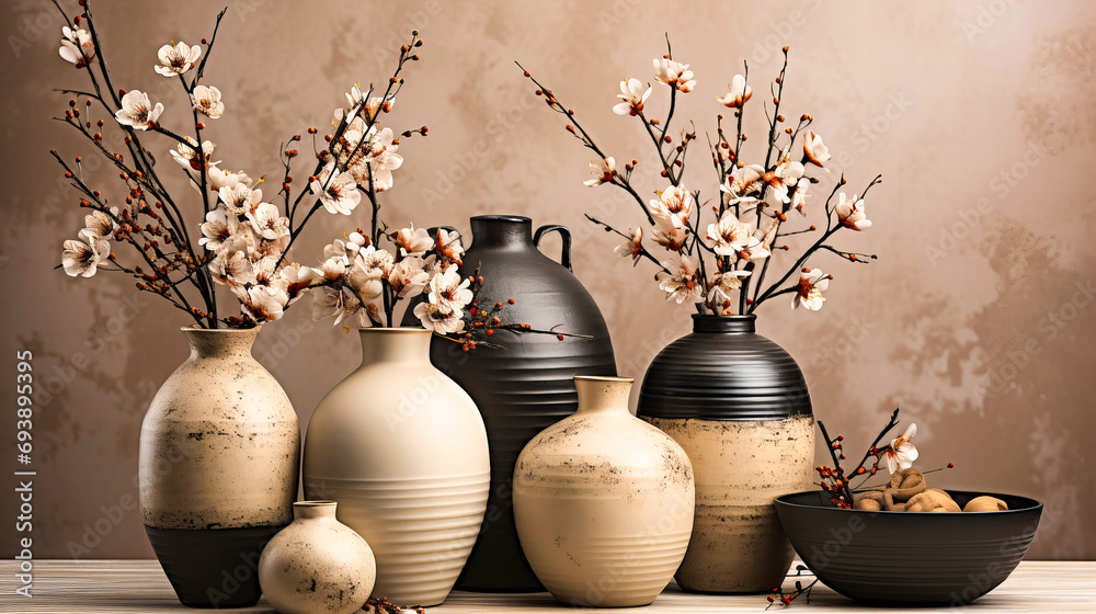 Rustic Elegance Captured in Ceramics with Blossoming Spring Branches on Textured Background