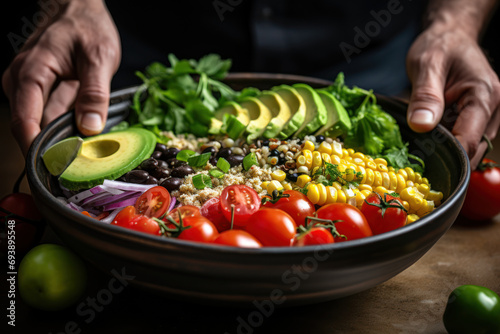 A person assembling a vegan bowl with quinoa, black beans, corn, and avocado. Concept of a protein-packed and satisfying plant-based meal. Generative Ai.