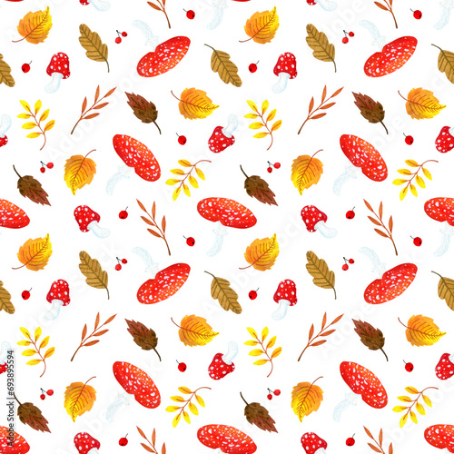 seamless pattern of autumn leaves, fly agarics and berries on a white background