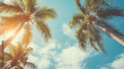 Blue sky and palm trees view from below  vintage style  tropical beach and summer background  travel concept Generative Ai