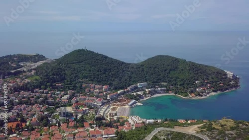 Drone footage of Uvala Lapad Beach in Dubrovnik, Croatia.  photo