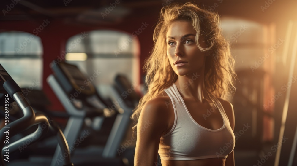 Portrait beautiful blond young tired and sweaty woman look at camera with serious face. Close up pretty girl sportswoman rest after physical training. Sport gym background. Fitness trainer workout.