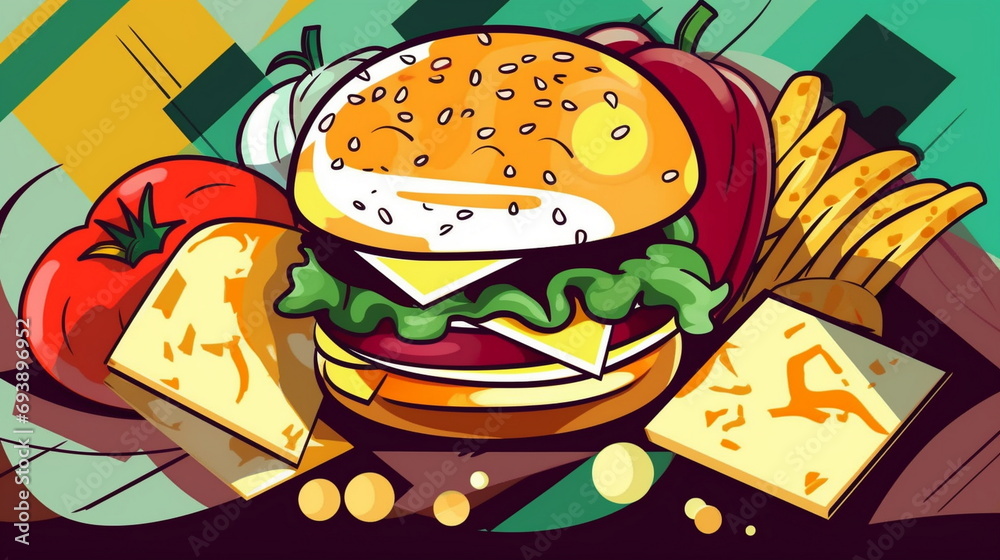 Burger with potato slices pop art a bright