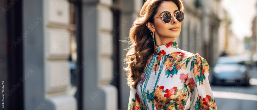 A Stylish Woman in a Floral Shirt and Sunglasses Walking Down the Street A Stylish Woman in a Floral Shirt and Sunglasses Walking Down the Street