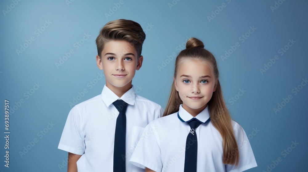 Front view of cute american girl and boy posing together, in school uniforms, one color background, copy space -generative ai Front view of cute american girl and boy posing together, in school uniforms, one color background, copy space -generative ai