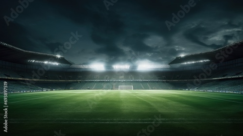 grass stadium illuminated by spotlights
