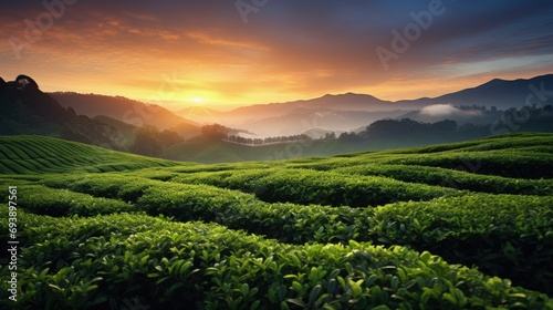 Green tea plantation at sunrise