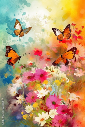 Butterflies on flowers watercolor and digital painting
