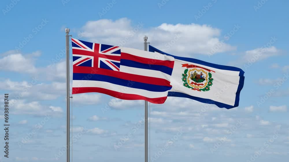 West Virginia and Hawaii US state flags waving together on cloudy sky, endless seamless loop West Virginia and Hawaii US state flags waving together on cloudy sky, endless seamless loop