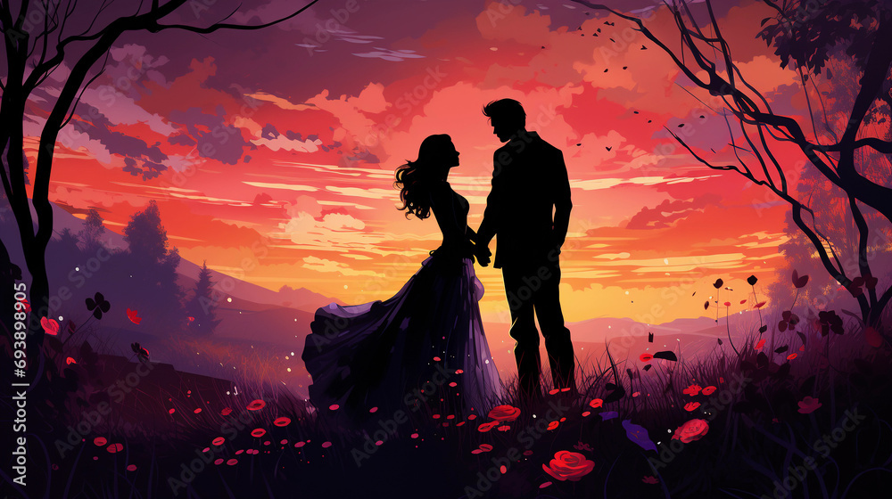 Silhouettes of a couple in love against the sunset sky illustration - obrazy, fototapety, plakaty 