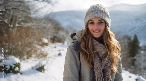 Portrait of beautiful young woman in a hat and scarf enjoy the winter snow outside at winter forest