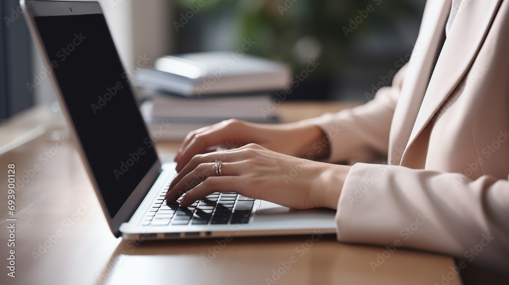 Fototapeta premium Close up of female entrepreneur’s hands using laptop to work and research business information