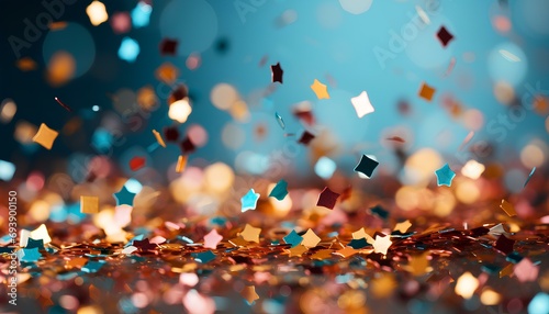 confetti explosion at a birthday party background. confetti background. colourful confetti flying around for New Year's party. birthday party. balloons and confetti. star confetti. round confetti photo