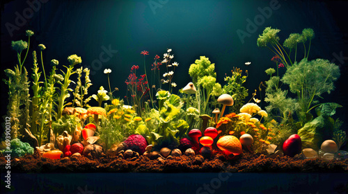 Fresh Organic Garden Salad with Fruits and Vegetables in a Natural Reef Aquarium