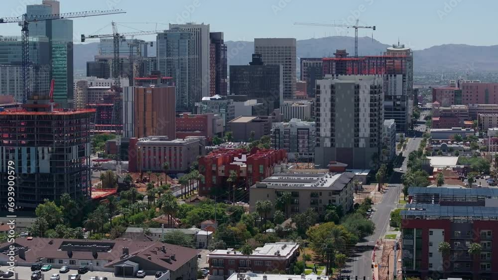Phoenix city downtown skyline cityscape of Arizona in USA. Top view of downtown Phoenix Arizona on a summer day in USA.